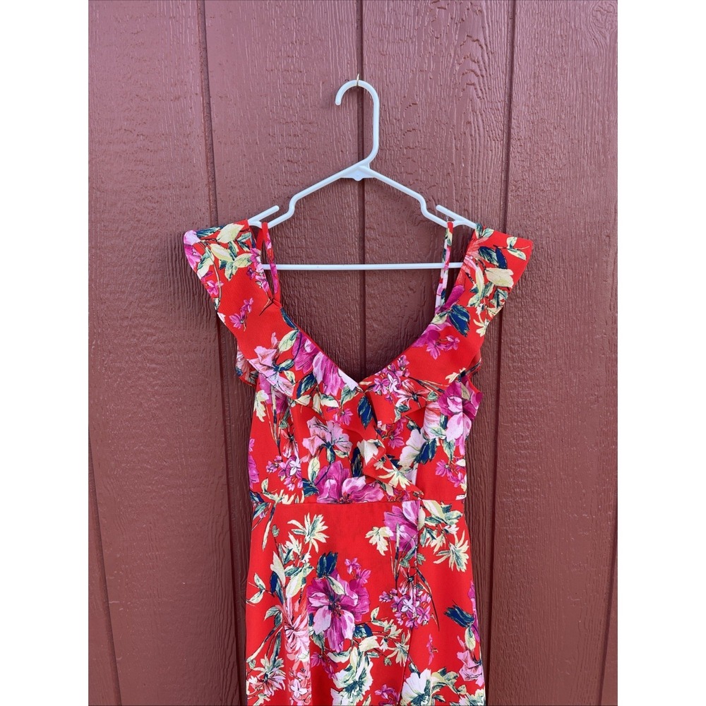 By & By Red Floral Ruffle V-Neck Maxi Dress Womens Small Sleeveless Pink Yellow - Picture 4 of 10
